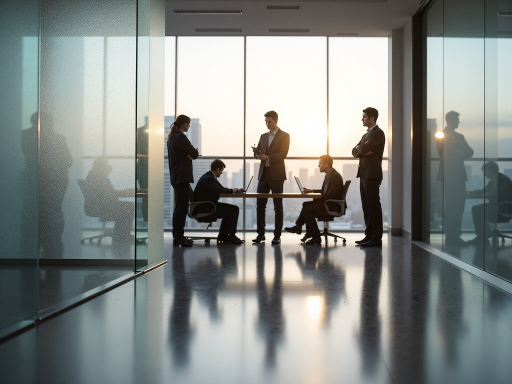 现代化办公室中团队成员正在讨论未来发展规划,透明玻璃隔断的开放式工作区域,墙上挂有公司愿景标语,阳光透过百叶窗洒在桌面上